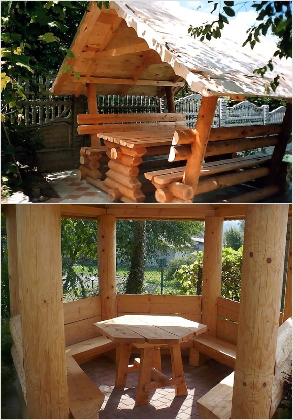 Una glorieta de un tronco para una residencia de verano: opciones de fotos y construcción de bricolaje