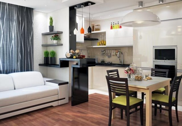 Sala de estar con cocina en una casa privada: ideas populares de diseño e interiores