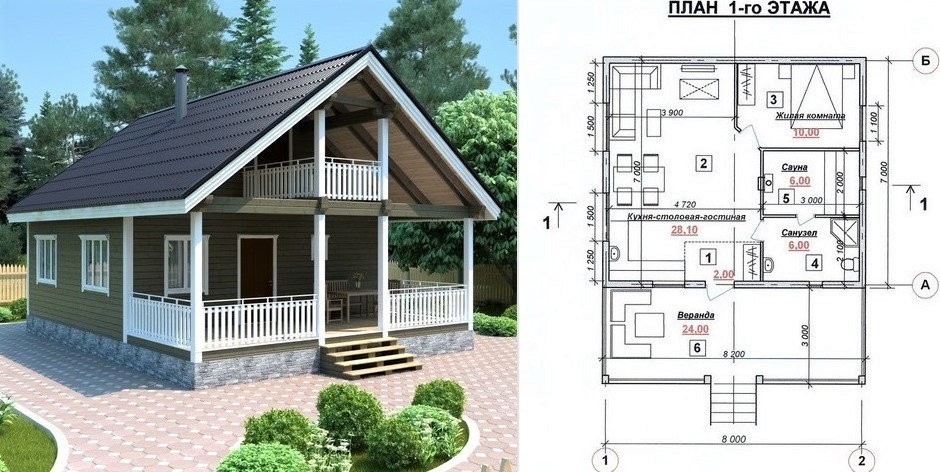 Disposición y construcción de una casa de campo de hormigón celular de 6x7 con un ático y una terraza.