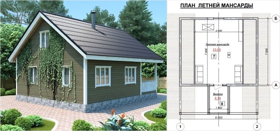 Disposición y construcción de una casa de campo de hormigón celular de 6x7 con un ático y una terraza.