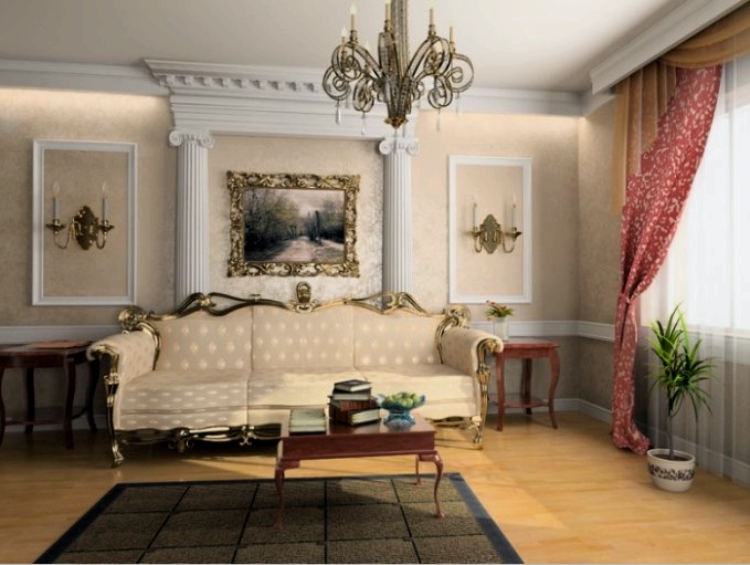 Interior de la sala de estar en estilo clásico (60 fotos): esquema de color interior, decoración, muebles y textiles, iluminación