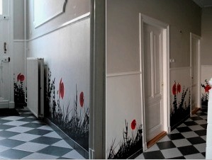 Diseño de pared (48 fotos). Pintar con pinturas. Fotografías enmarcadas y espejos. Aplicaciones de los restos de papel tapiz y pegatinas. Cuadros de tela y bordados