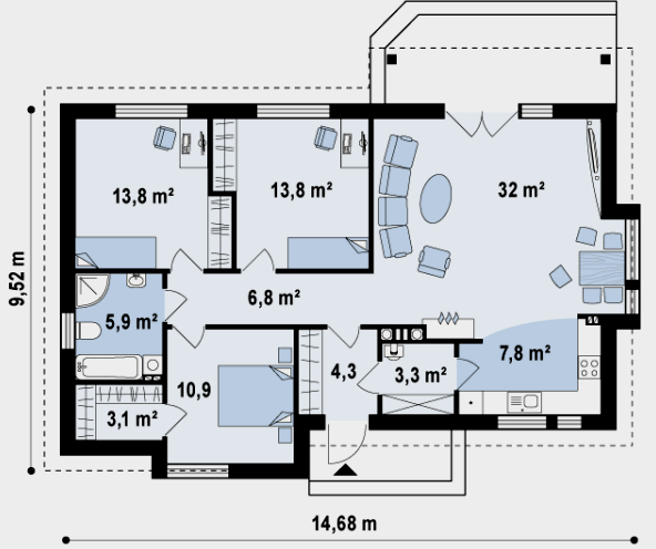 El proyecto de una casa de un piso con tres dormitorios: cómo distribuir adecuadamente el espacio habitable