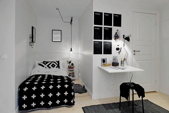 Interior de un dormitorio pequeño: elección de muebles y una combinación de colores general.