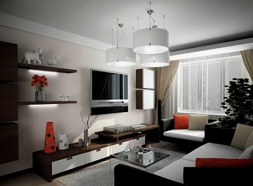 Interior de la sala de estar del dormitorio: diseño espectacular y moderno de un apartamento tipo estudio