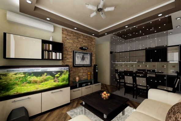 Salas de estar-cocina combinadas 18 plazas: diseño y disposición de muebles.