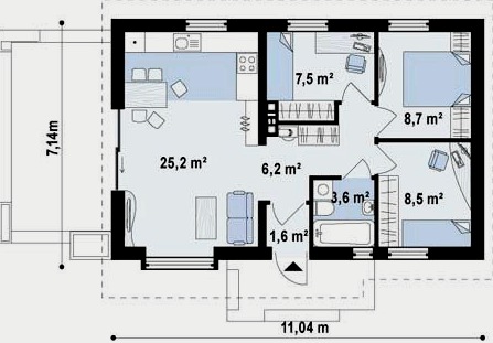 Proyecto de una casa de 1 piso y 3 habitaciones: aspectos destacados
