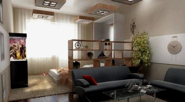 Dormitorio y sala de estar en una habitación de un apartamento pequeño.