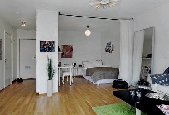 Sala de estar y dormitorio en una habitación: una opción eficaz para ahorrar espacio utilizable sin comprometer su funcionalidad.