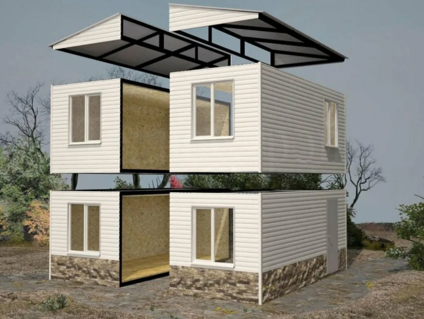 Construcción de una gran casa modular de dos plantas