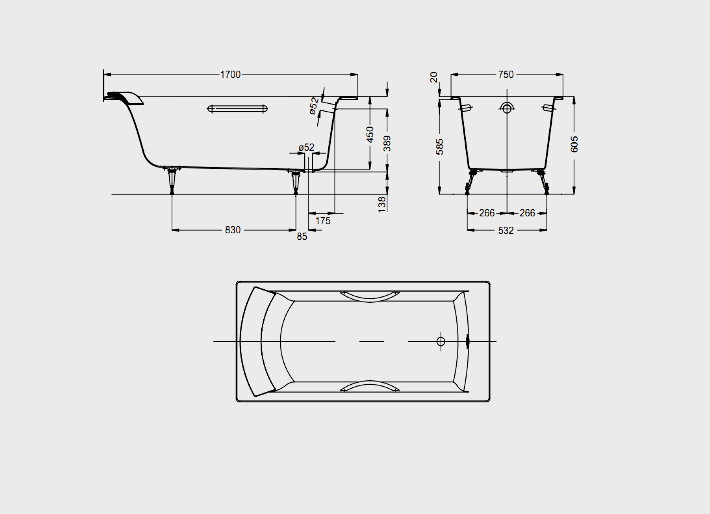 Dimensiones existentes del baño de hierro fundido