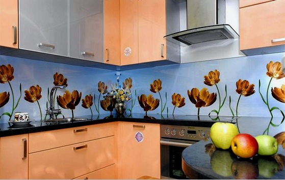 Vidrio versus azulejos en el diseño de un delantal de cocina.